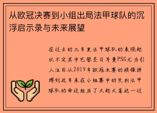 从欧冠决赛到小组出局法甲球队的沉浮启示录与未来展望