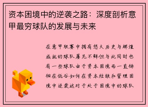 资本困境中的逆袭之路：深度剖析意甲最穷球队的发展与未来